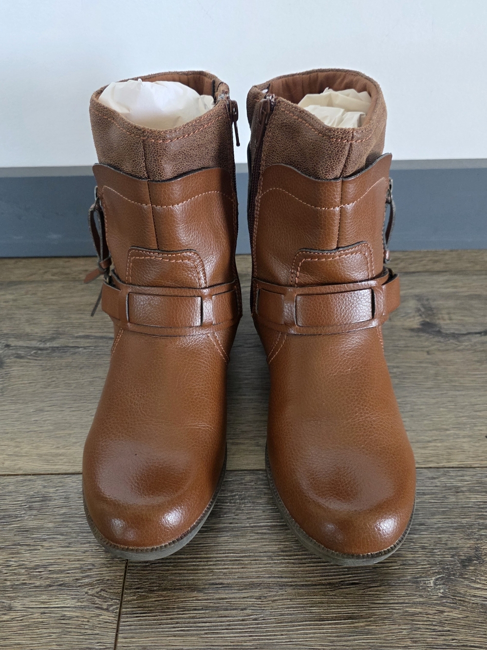 Frye Cognac Brown Leather Ankle Booties with Buckle Strap